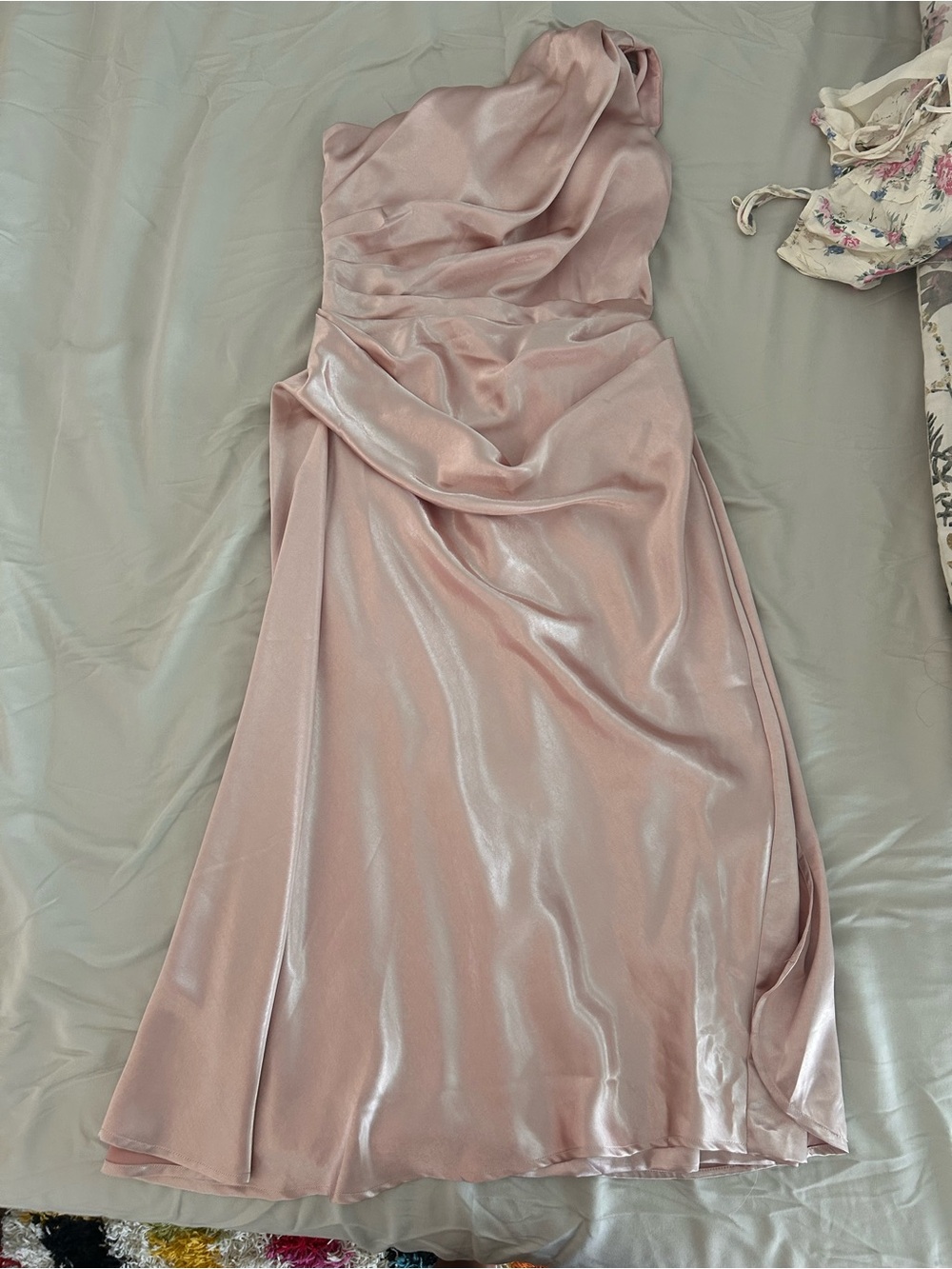 Sleeveless One-Shoulder Satin Dress in Dusty Pink